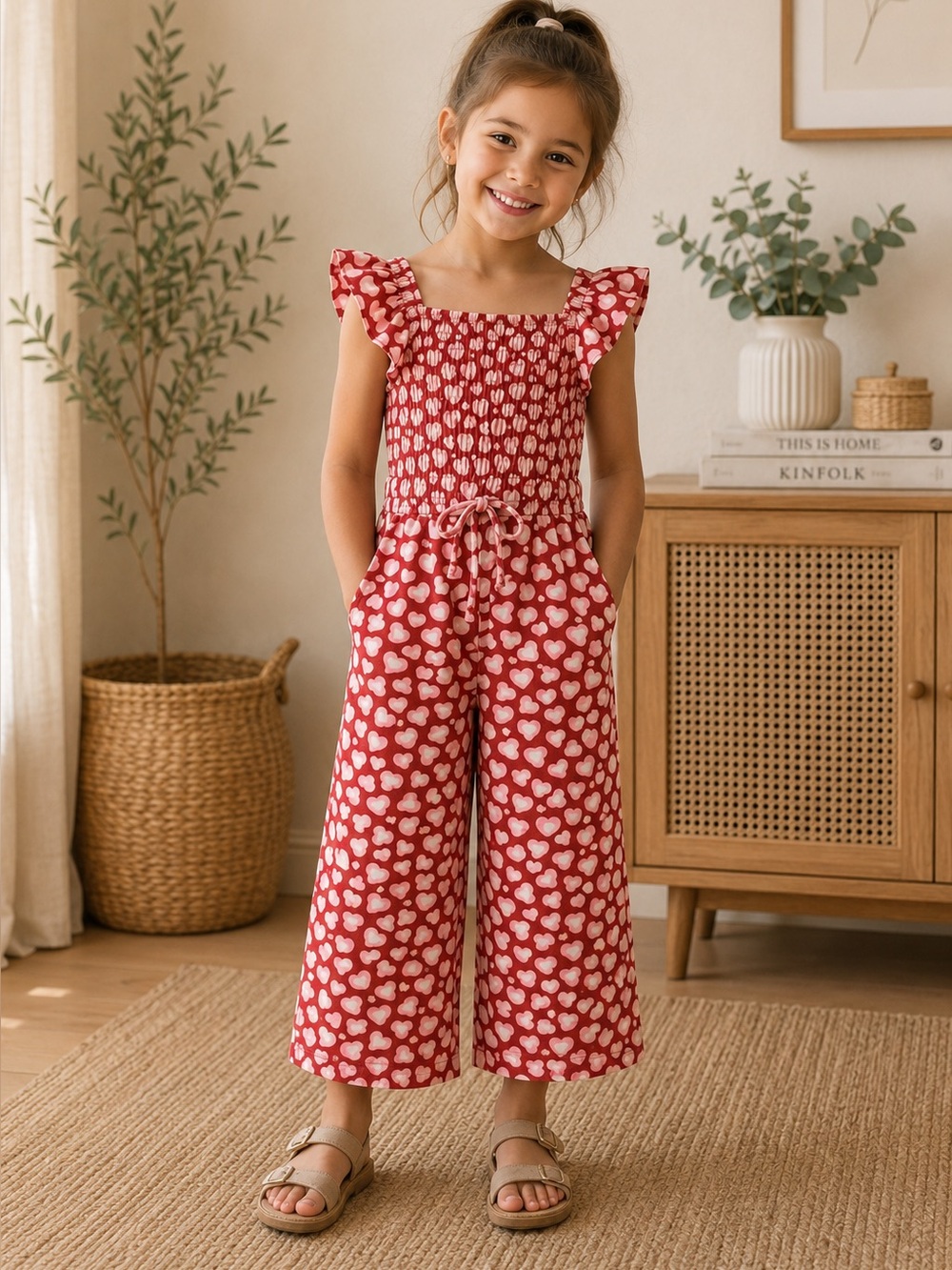 Picapino Girls Heart Print Smocked Romper Jumpsuit Pink Red Flutter Sleeve 4